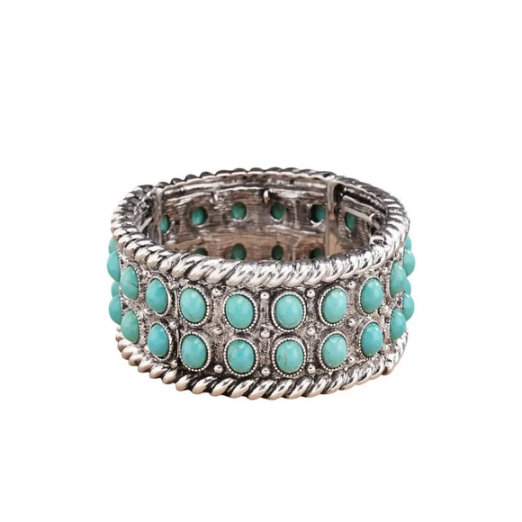 Western Bubble Pattern Turquoise and Silver Stretch Bracelet - Picture 2 of 3